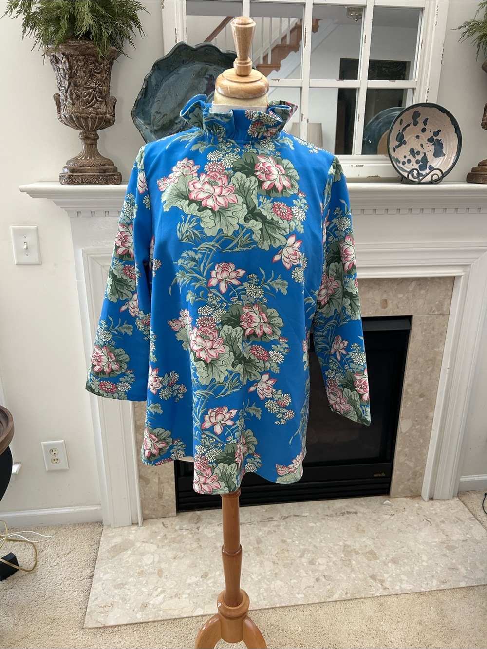 Tuckernuck Blue Floral Ruffle Neck Top